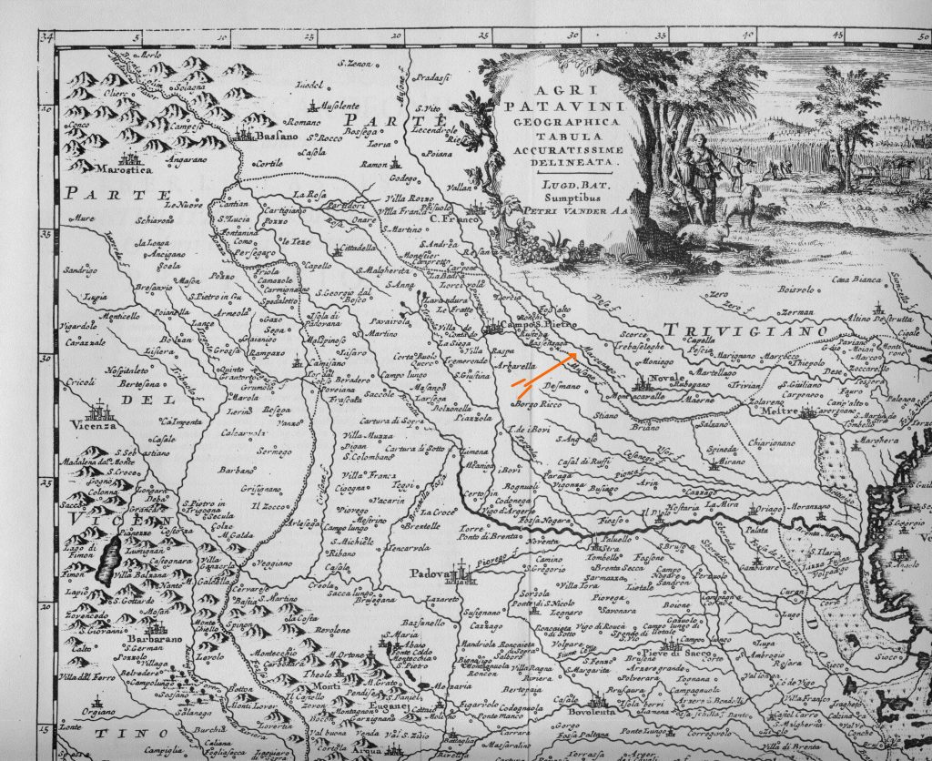 fig. 6 il fiume Marzenezo indicato da freccia colore arancio in una carta vene ziana del XVII sec. (freccia arancio ) 